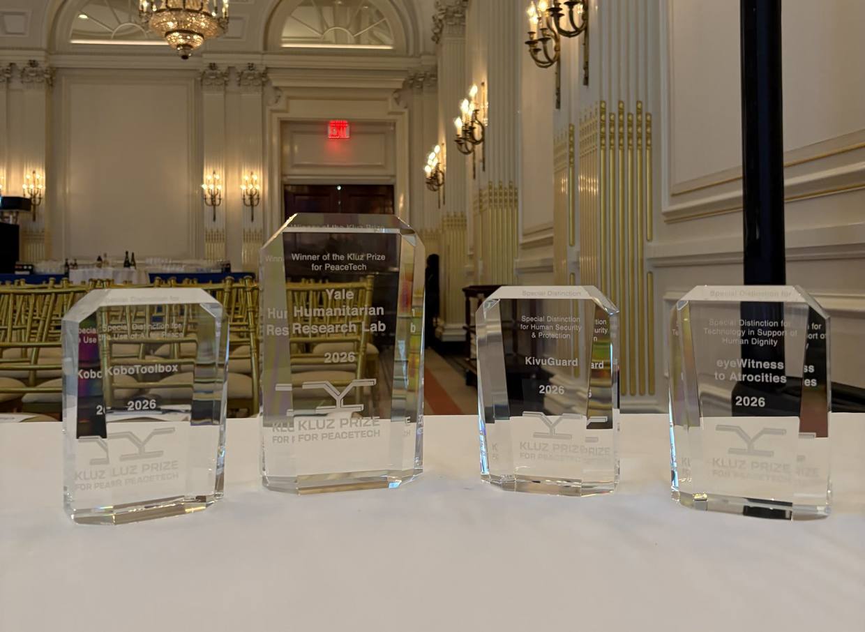 The 2026 Kluz Prize for PeaceTech award trophies at the University Club